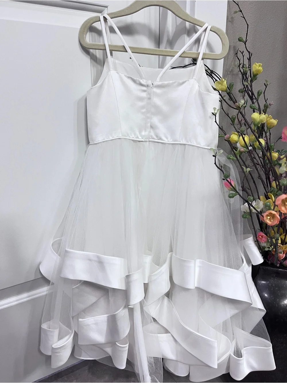 David's Bridal White Tulle High-Low Ribbon Hem Flower Girl Dress - Picture 3 of 7